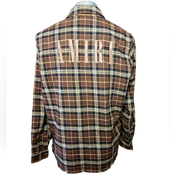Amiri | Leather Logo Flannel Button Down Shirt | Brown | Mens | Size Large - Picture 8 of 16